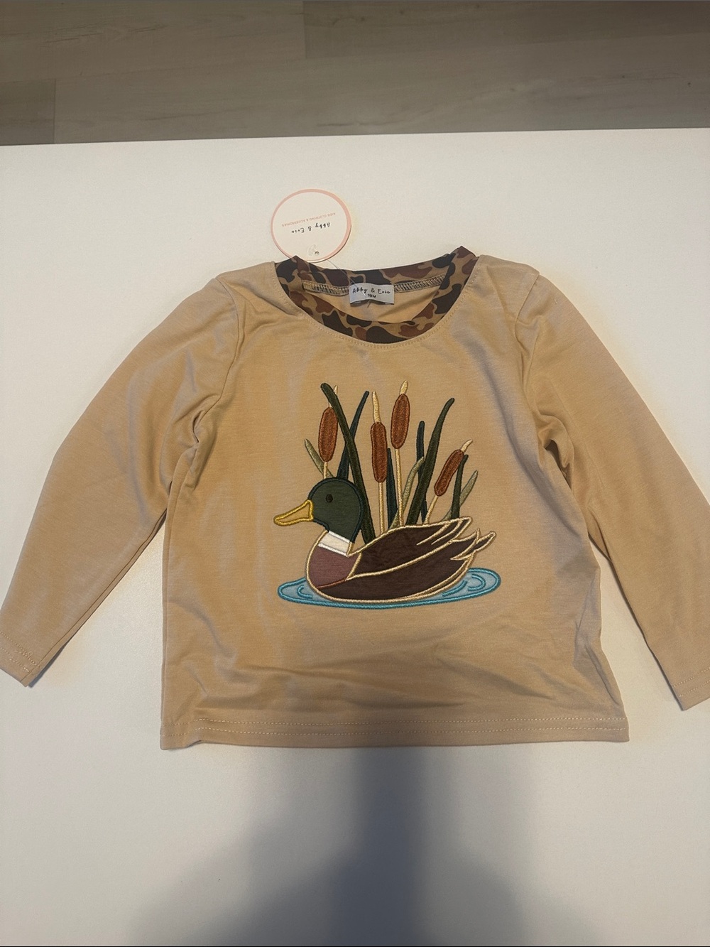 Kids Long-Sleeve Duck Applique Top - Beige